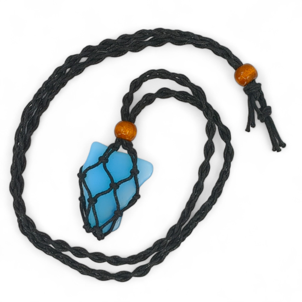 Tumbled Satin Blue Art Glass Pendant Necklace Black Braided Cord Wood Bead J2419